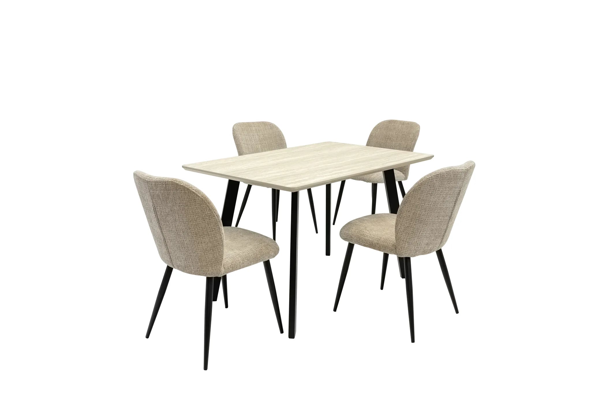 Dining table set with four chairs on a white background