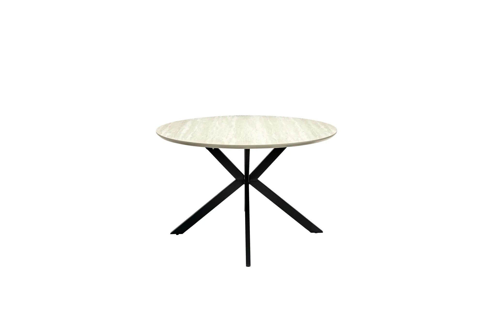 A round dining table with a light beige marble-look top and a black metal X-shaped base, shown against a plain white background.