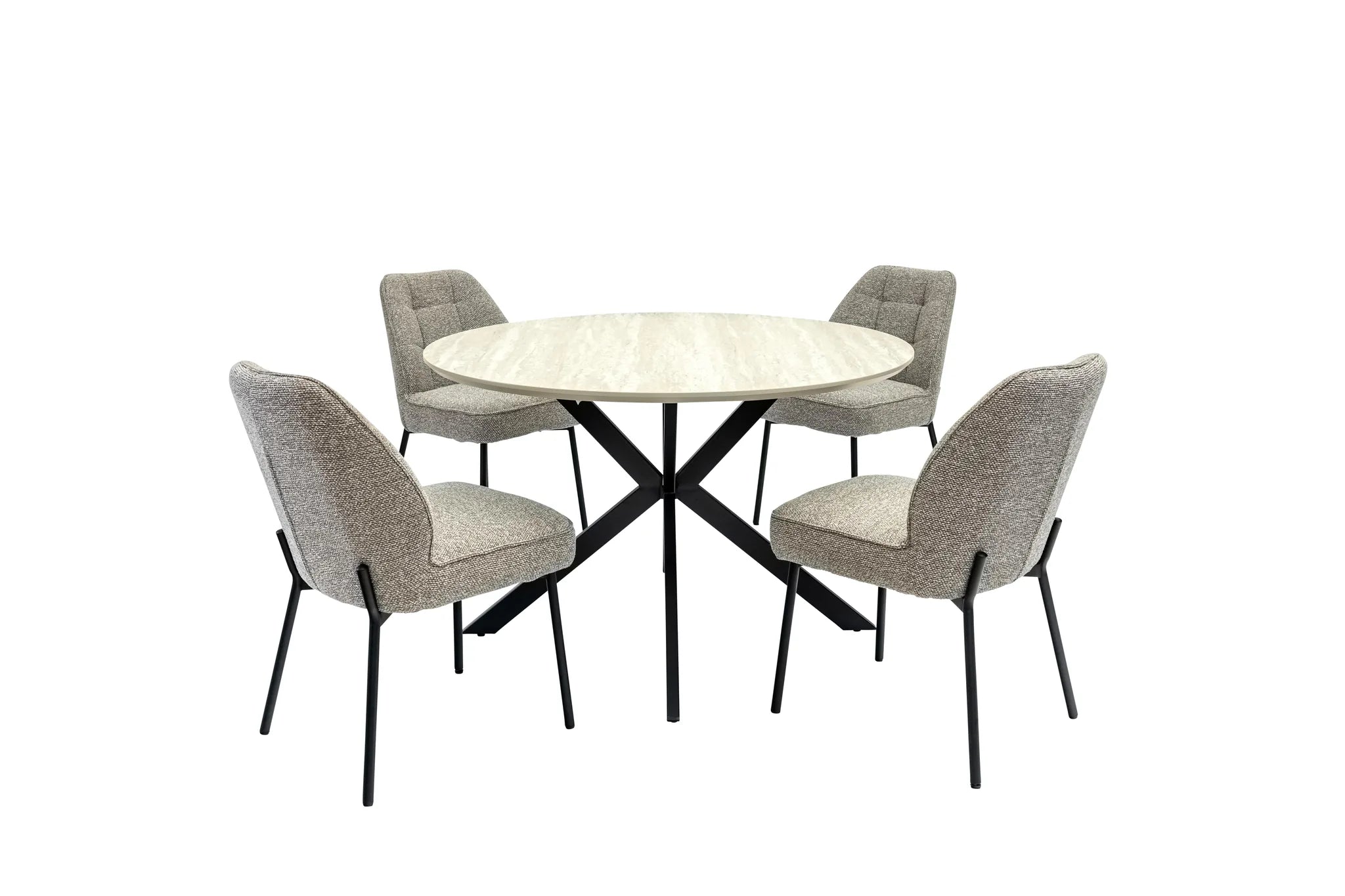 A 5-piece dining set featuring a round white marble-patterned table with a black X-shaped base and four upholstered dining chairs in a textured light gray fabric with black legs, shown on a solid white background.