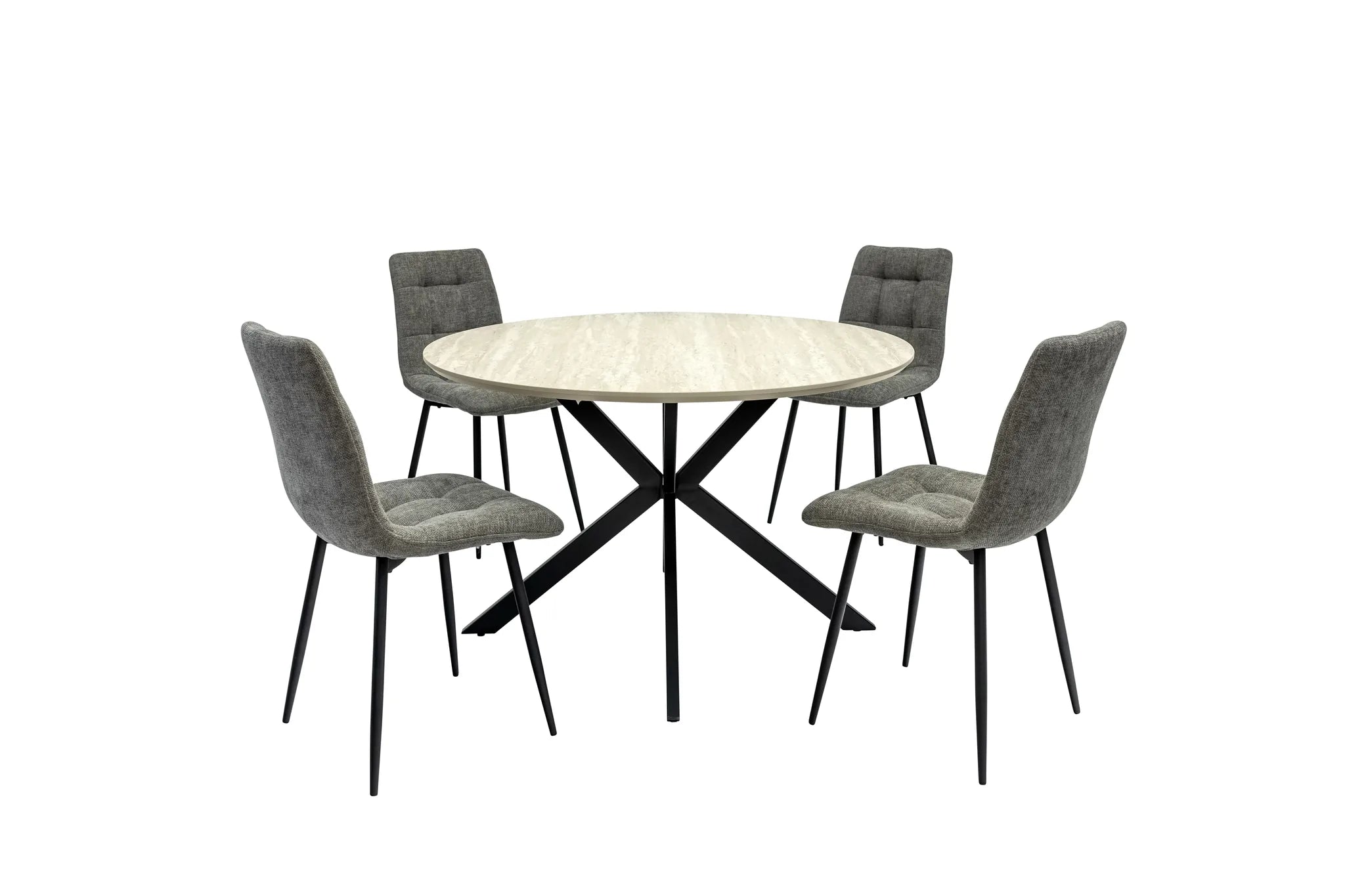 A round dining table set with a light beige marble-look top and black cross base, surrounded by four gray upholstered chairs with black legs, shown on a plain white background.