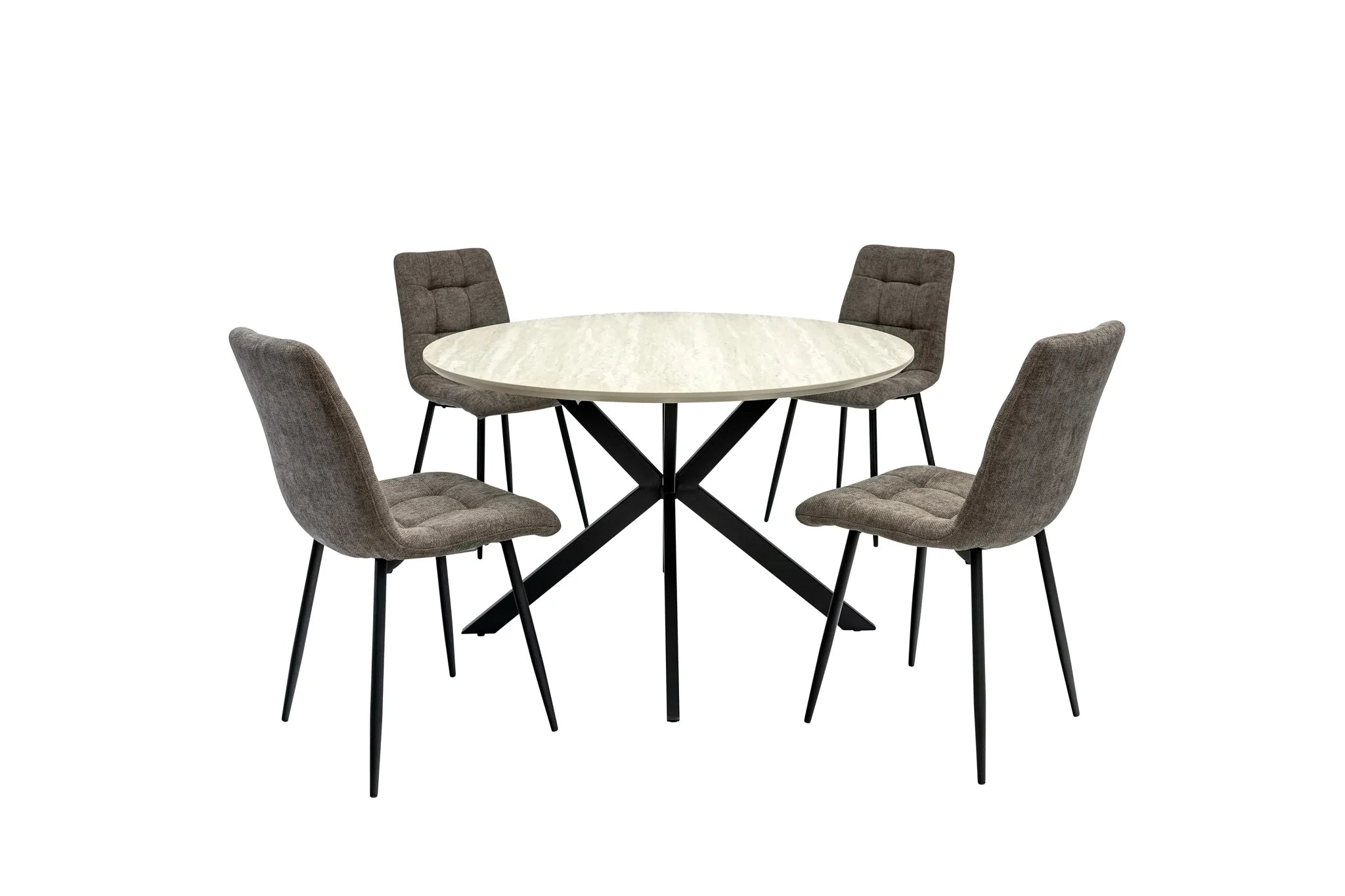 A round dining table set with four upholstered chairs. The table has a light beige marble-look top and a black metal X-shaped base.