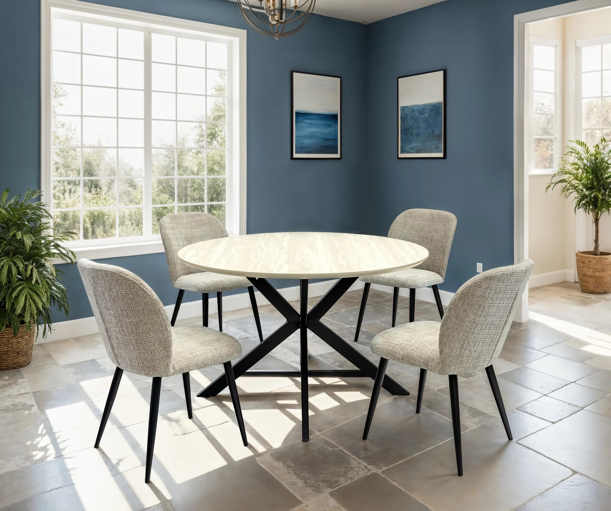 Dining room with round table and chairs against a blue wall.