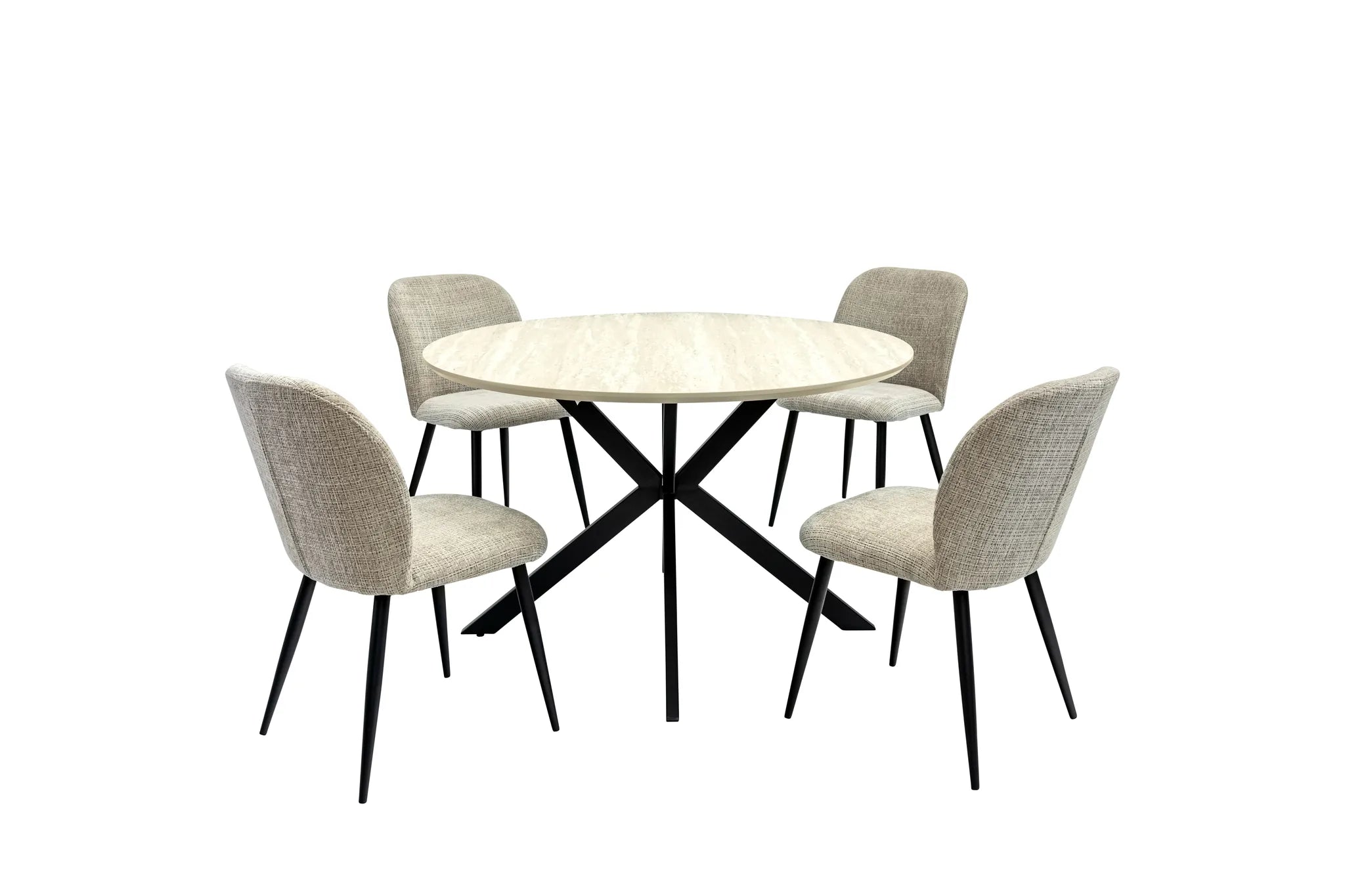 A modern 5-piece dining set featuring a round light beige marble-top table with a black cross base and four upholstered dining chairs in a textured beige fabric with black legs, shown on a solid white background.