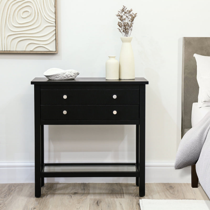 Lindon Black 2 Drawer Bedside Cabinet with Glass Shelf