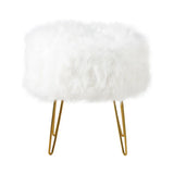 White Faux Fur Stool Ottoman with Gold Legs