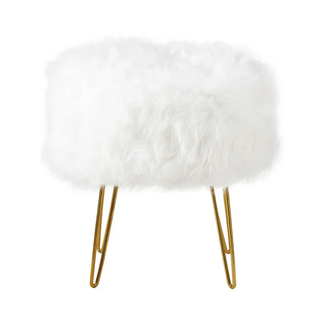White Faux Fur Stool Ottoman with Gold Legs
