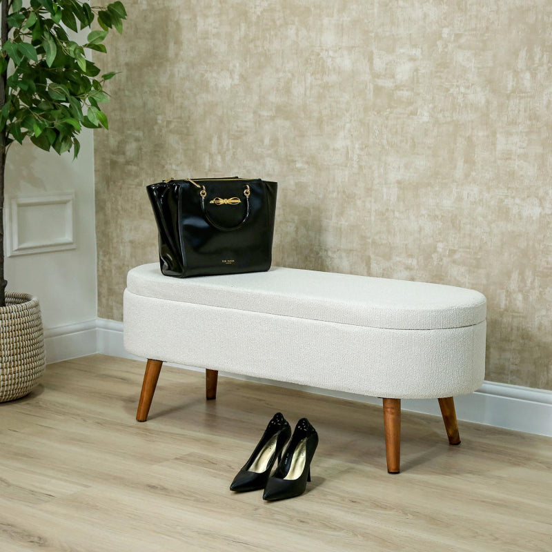 45.5cm White Boucle Storage Bench in Wooden Legs