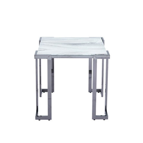 Aamari Grey Gunmetal End Table with White Faux Marble Glass Top - KD