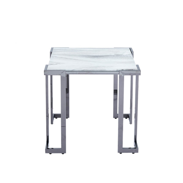 Aamari Grey Gunmetal End Table with White Faux Marble Glass Top - KD