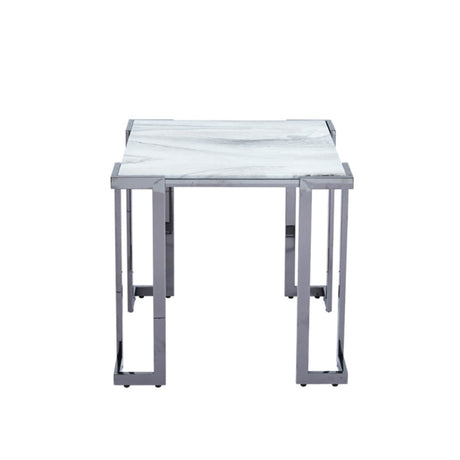 Aamari Grey Gunmetal End Table with White Faux Marble Glass Top - KD