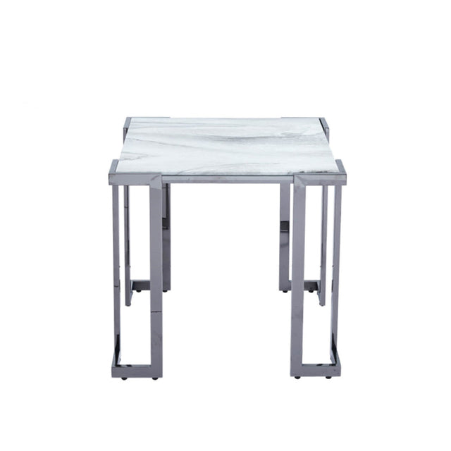 Aamari Grey Gunmetal End Table with White Faux Marble Glass Top - KD