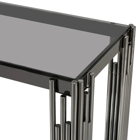 Cohen Black Gunmetal Steel Tubes and Smoke Glass Top Console Table