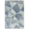 Geometric area rug with blue and grey abstract pattern on a light background