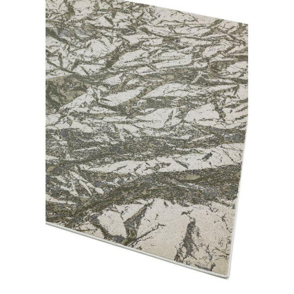Modern area rug with abstract grey and white pattern corner view