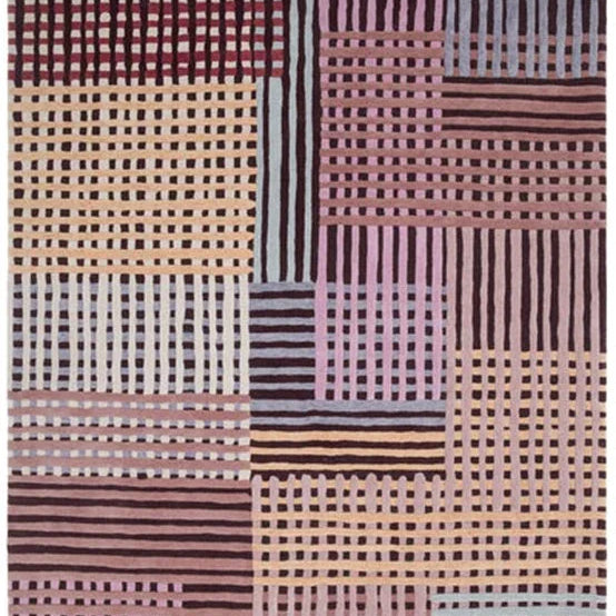 Modern area rug with multicolored grid pattern in pink, beige, and purple tones