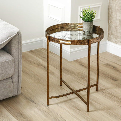 59cm Antique Gold and Mirror Top End Table