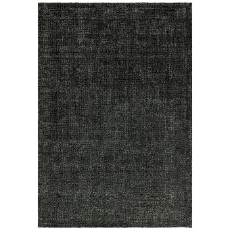 Rectangular black area rug with subtle textured pattern, full view from above