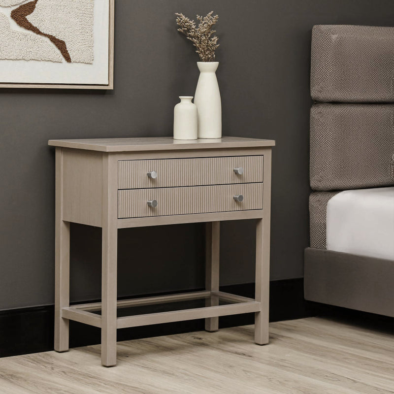 Lindon Taupe 2 Drawer Bedside Cabinet with Glass Shelf