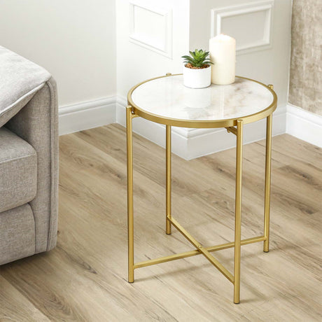 55cm Gold Metal End Table with White Marble Top