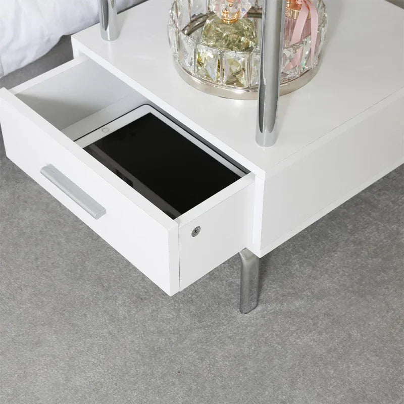 Charlotte White & Chrome 1-Drawer Bedside Cabinet - DSP