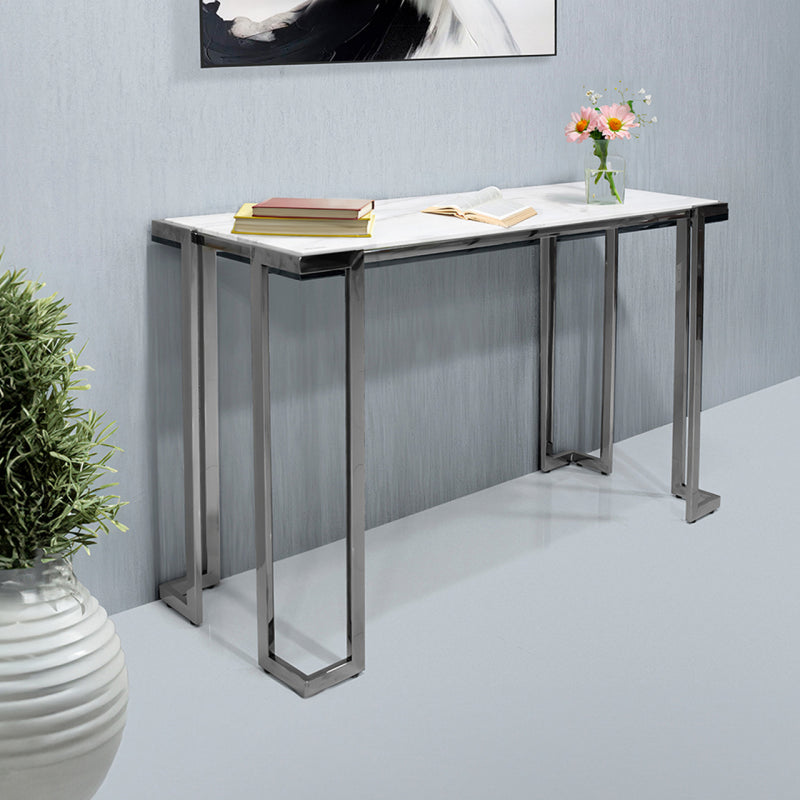 Aamari Grey Gunmetal Console Table with White Faux Marble Glass Top - KD