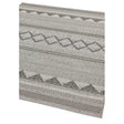 Grey patterned area rug with geometric design and textured fabric close up