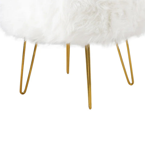 White Faux Fur Stool Ottoman with Gold Legs