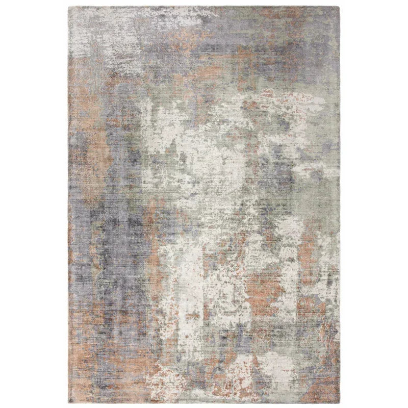 Abstract area rug with distressed multicolour grey, beige and rust pattern