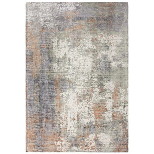 Abstract area rug with distressed multicolour grey, beige and rust pattern