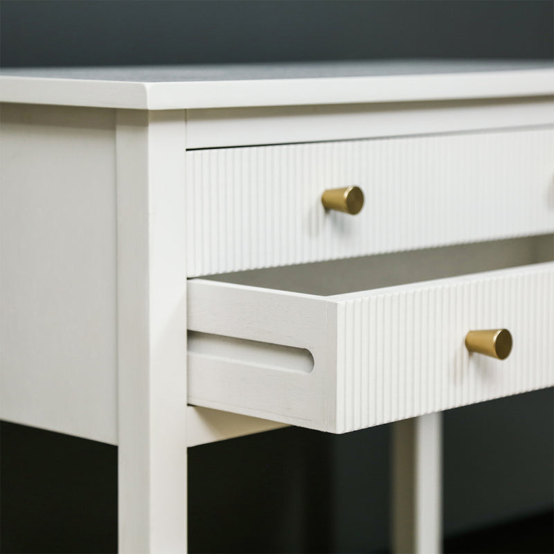 Lindon Frosty White 2 Drawer Bedside Cabinet with Clear Glass Shelf with Gold Handle