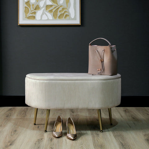 48cm Beige Velvet Storage Bench in Gold Legs