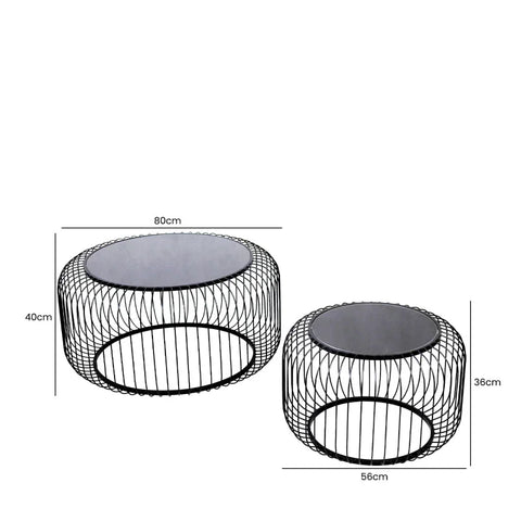 Set of 2 Black Metal Coffee Table with Black Glass Top