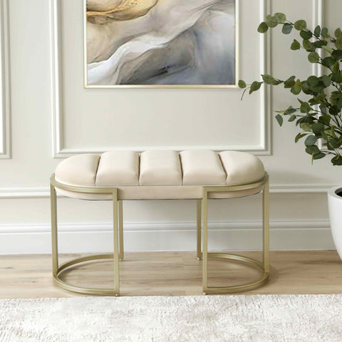 80cm Cream Velvet Medium Tufted Bench with Champagne Legs