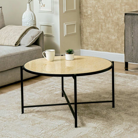 45cm Black Metal Coffee Table with Travertine Marble Top