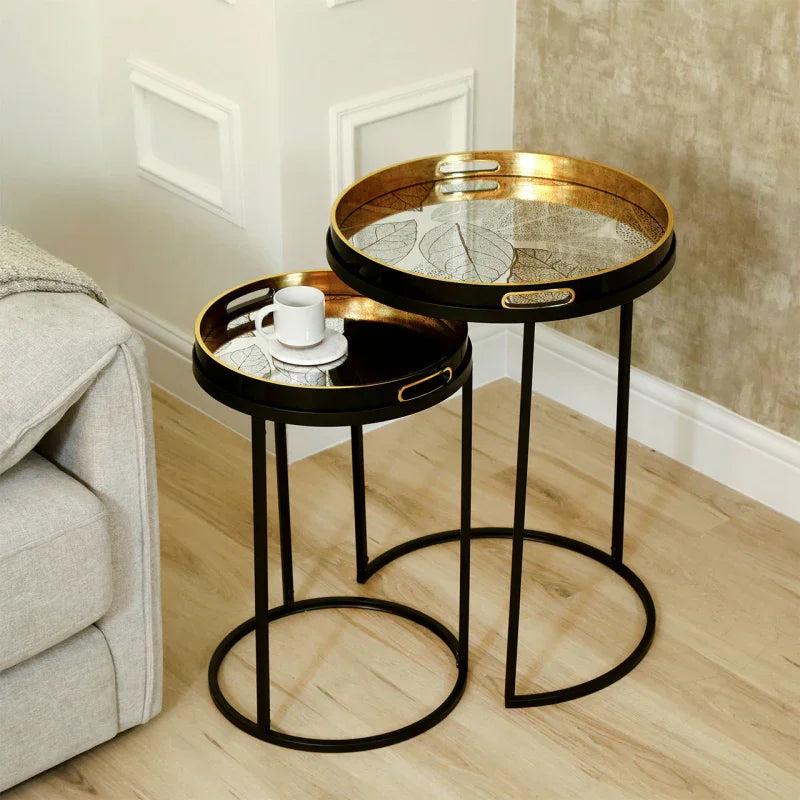 Set of 2 Olin Antique Gold Leaves Nesting Table