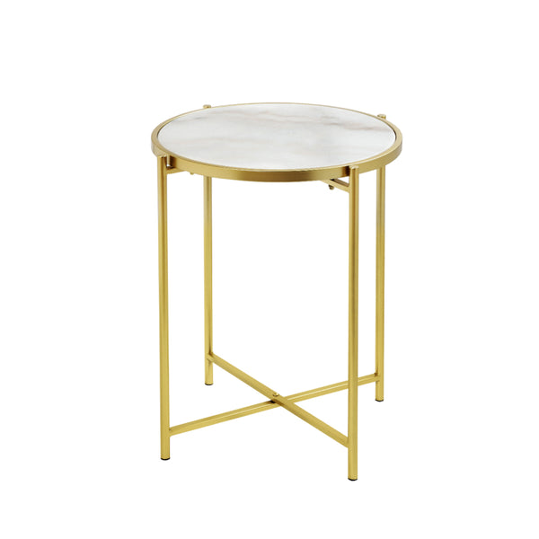 55cm Gold Metal End Table with White Marble Top