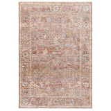 Patterned area rug with faded rust and beige tones and ornate floral design