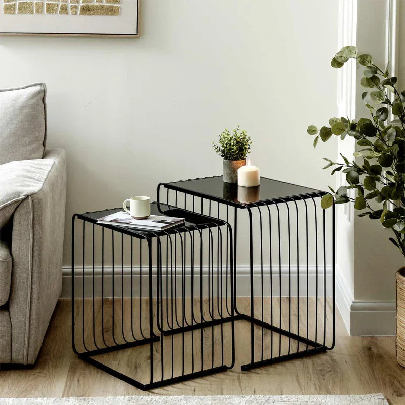 Set of 2 Black Metal with Black Glass Top Nesting Table