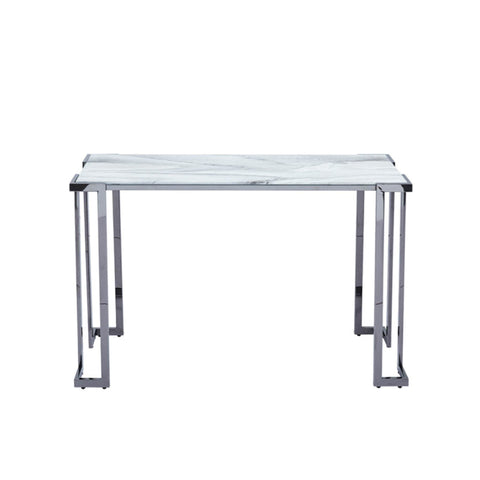 Aamari Grey Gunmetal Console Table with White Faux Marble Glass Top - KD