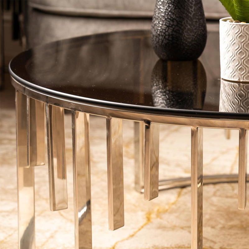 Owen Round Chrome Metal Coffee Table with Smoke Glass Top