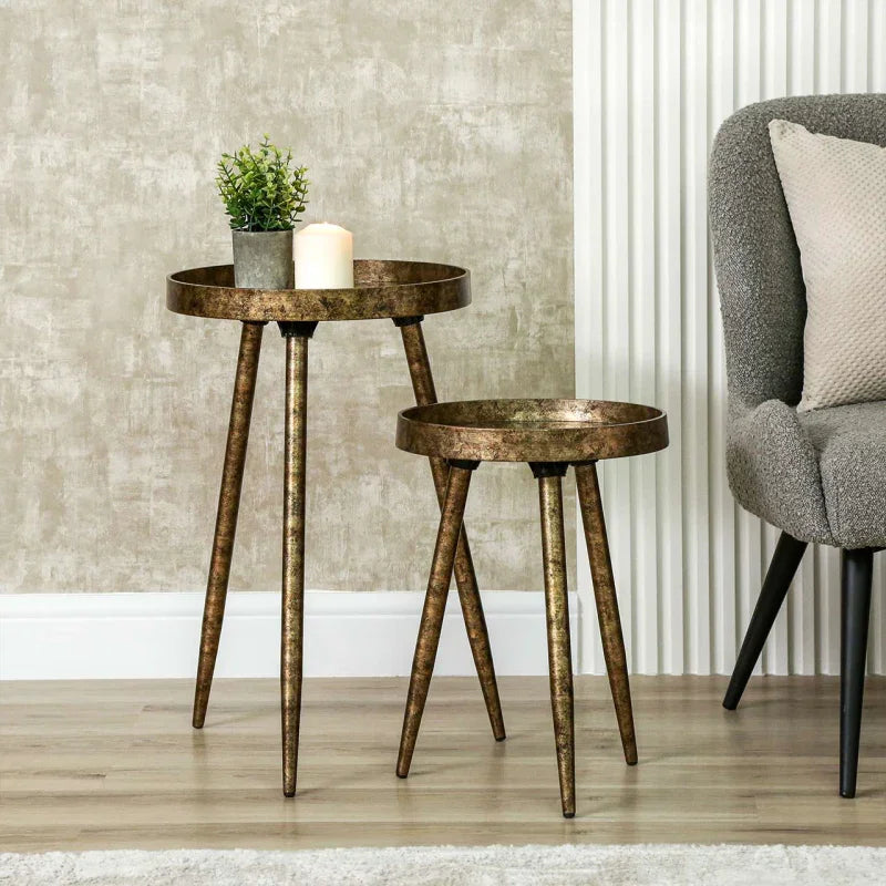 Set of 2 Antique Gold and Mirror Top Nesting Table