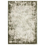 Modern distressed area rug with olive green and beige pattern, rectangular shape