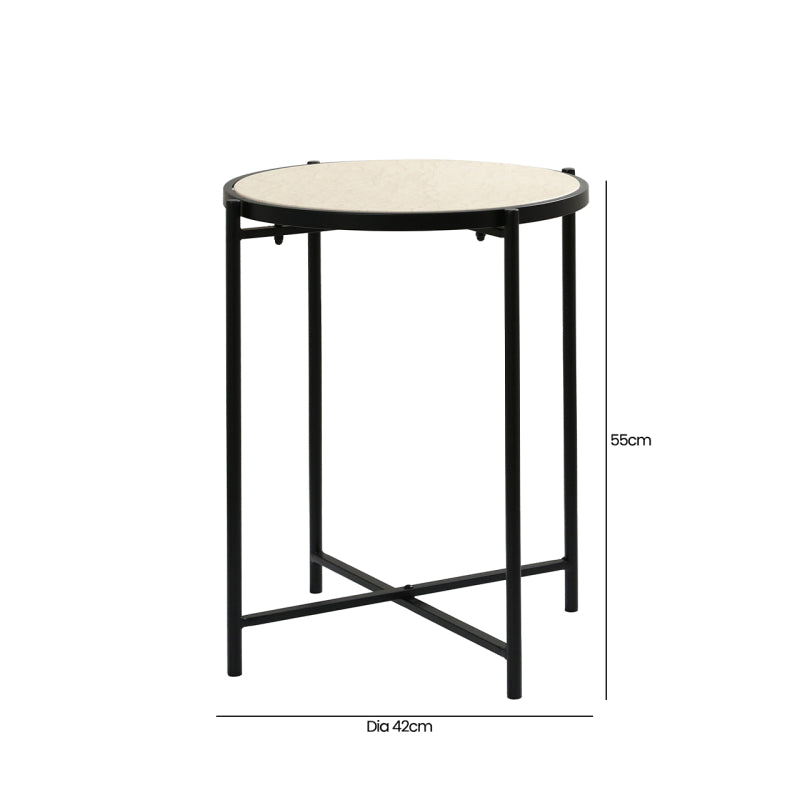 55cm Black Metal End Table with Travertine Marble Top