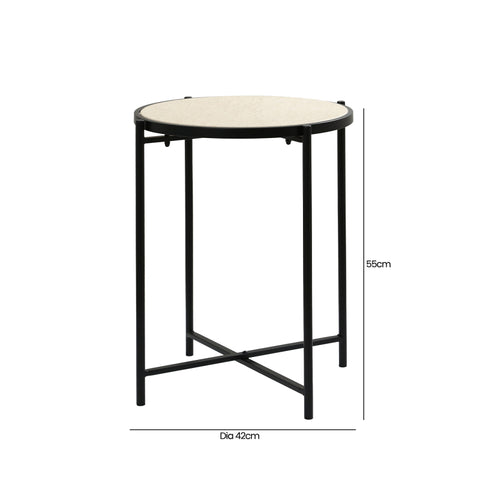 55cm Black Metal End Table with Travertine Marble Top