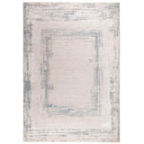 Modern beige and blue area rug with abstract border pattern, rectangular shape
