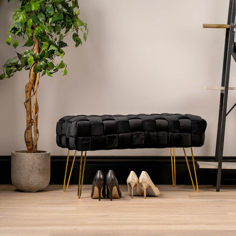 Black Velvet Woven Bench with Gold Legs