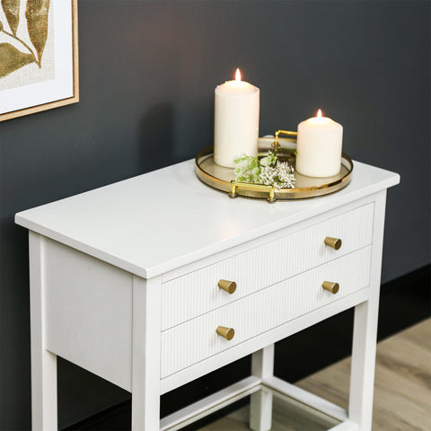 Lindon Frosty White 2 Drawer Bedside Cabinet with Clear Glass Shelf with Gold Handle