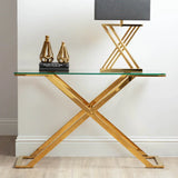 Axel Gold Metal Console Table with Clear Glass Top