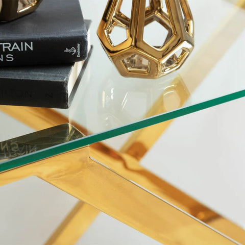 Axel Gold Metal Console Table with Clear Glass Top