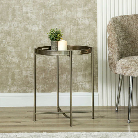 59cm Champagne End Table with Leaves Design Glass Table Top